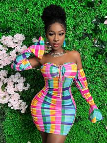 Slaydiva Đầm ôm sát trễ vai kẻ sọc kiểu nghỉ dưỡng - Nhiều màu - Xem 6