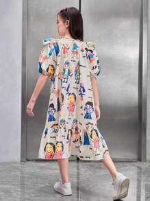 SHEIN Tween Girls' Loose Fit Vintage Cartoon Pattern Ruffle Trim Dress