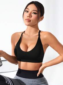 Easithlete Women's Seamless Sports Bra With Multiple Thin Straps At Back - Black - View 6