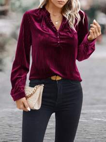 SHEIN Clasi 帶條紋紋理的鈕扣開衫絨面襯衫,開叉領和荷葉邊設計 - 中紫紅色 - 查看 1
