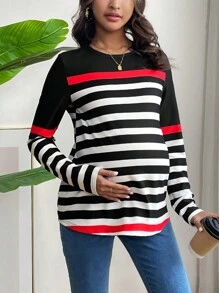 SHEIN Maternity Striped Long Sleeve T-Shirt - Red - View 4