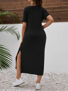 Maternity V-Neck Split Hem Short Sleeve Dress - Black - View 3