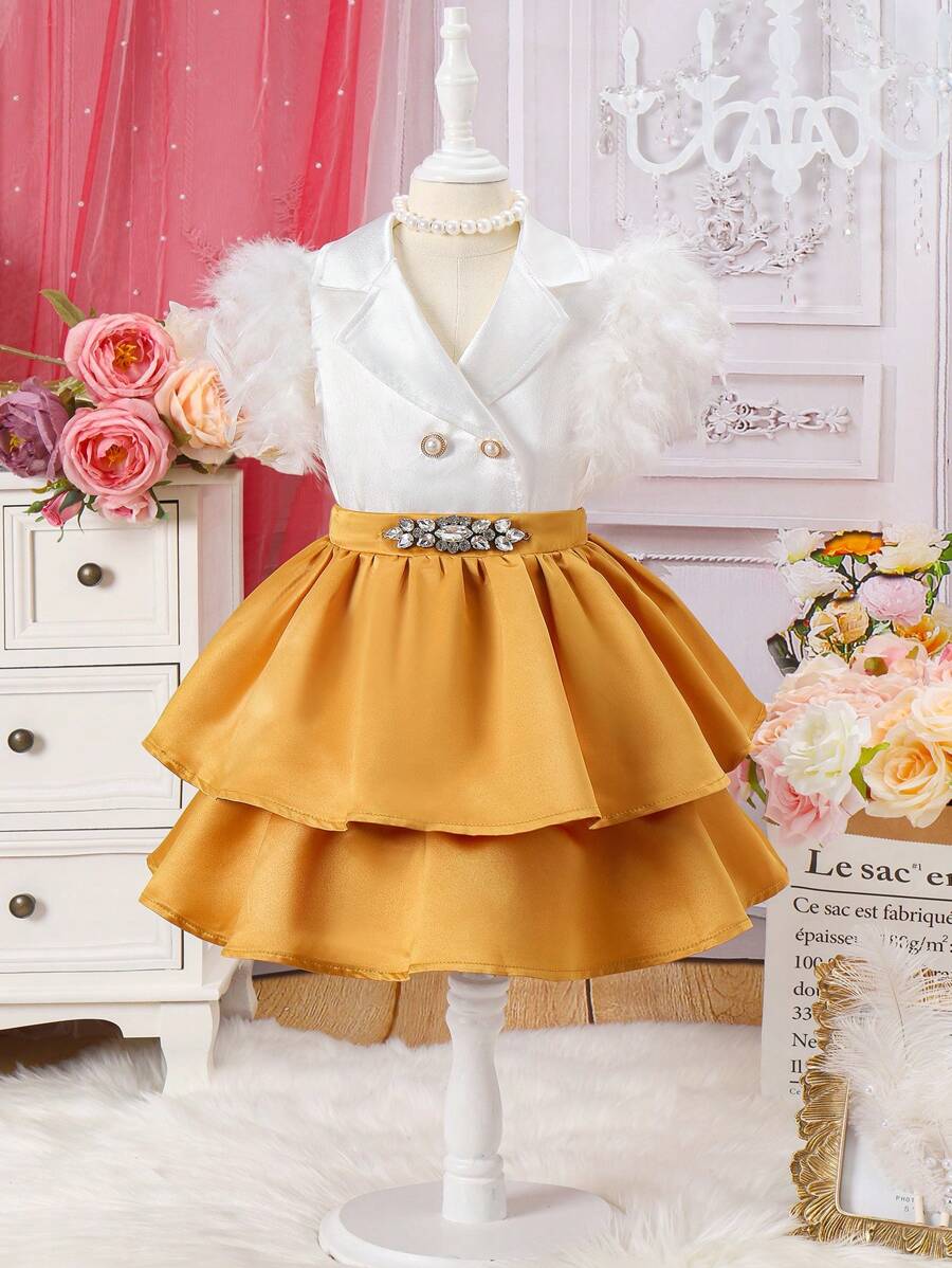 Young Girl Color Block Short Sleeve Top And Double Layer Ruffle Hem Skirt Two Pieces Set - Multicolor - View 1