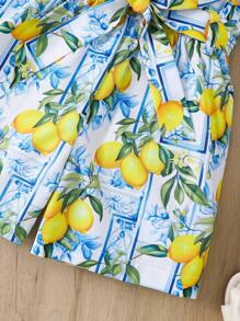SHEIN Young Girl Ruffle Top With Ruffle Trim And Lemon Print Shorts Set