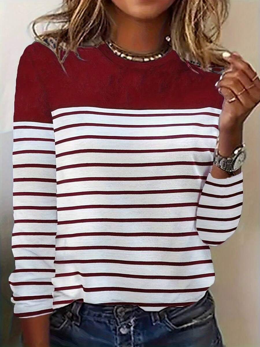 INAWLY Women's Color Block Striped Patchwork T-Shirt Graphic Tees Women Tops Fall Cloth For Women - Burgundy - View 1