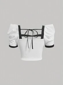 SHEIN MOD 大码泡泡袖夏季 T 恤，带水钻和蝴蝶结装饰 - 黑與白 - 查看 2