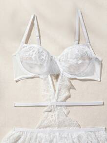 Spicy Aura Women's White Sheer Polyester Spaghetti Strap Sexy Lingerie Set With Lace Details - White - View 4