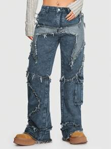 ROMWE Grunge Punk Vintage Style Star Patchwork High Waist Loose Straight Leg Denim Jeans With Washed Effect And Pockets, School - Baby Blue - View 6