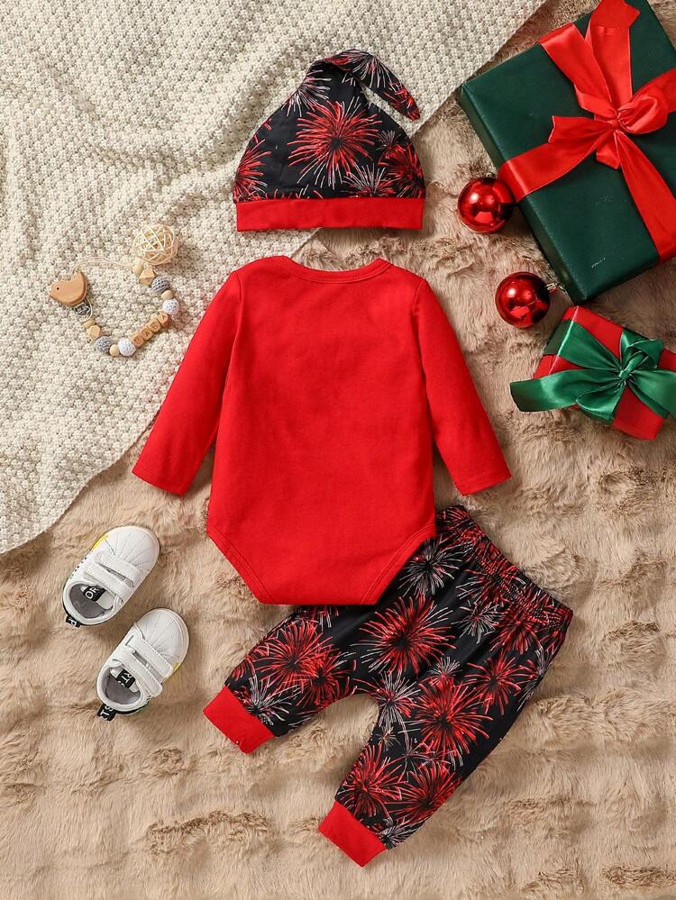 Christmas Party Baby Boy Outfit, Funny Santa Claus Printed Round Neck Bodysuit With Snowflake Print Pants, Cute And Casual, Suitable For Autumn And Winter Seasons