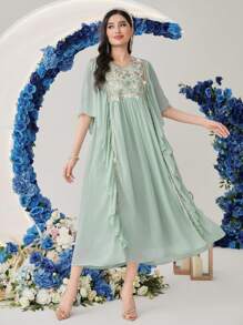 Al Najma Women's Turkish Style Long Shirt Kaftan With Beads, Embroidery And Ruffled Hemline - Mint Green - View 3