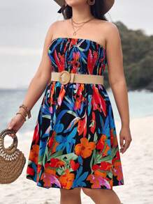 SHEIN VCAY Floral Print Plus Size Strapless Dress - Multicolor - View 5