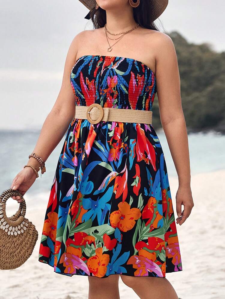 Floral Print Plus Size Strapless Dress