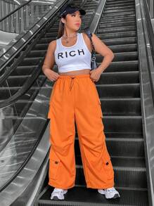 SHEIN Coolane Pantalones De Talla Grande Con Cintura De Cordón Y Bolsillos Para Mujer - Naranja - Ver 3