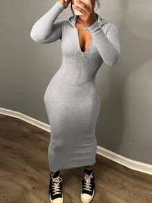 Women's Solid Color Half Zipper Hooded Bodycon Dress - Grey - View 4
