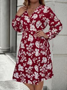 SHEIN LUNE 大尺碼全開花印花交叉禮服裙,配有打結和側邊綁帶細節 - 彩色 - 查看 5