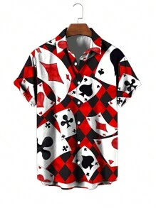 Manfinity Dauomo Men's Poker & Geometric Pattern Printed Short Sleeve Shirt - Red - View 3