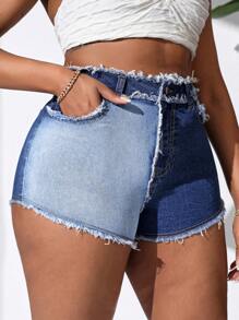 SHEIN SXY 短款彈性大尺寸女款拼布設計牛仔短褲 - 彩色 - 查看 6