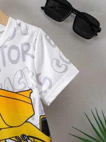 SHEIN Young Boys' Excavator & Letter Print T-Shirt And Shorts Two Pieces Set - Light Grey - View 4