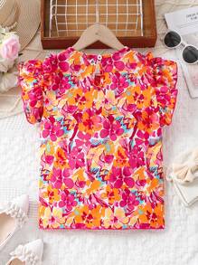 SHEIN Camiseta Con Cuello Redondo Y Ribete Festoneado Con Estampado Floral Para Niñas Preadolescentes