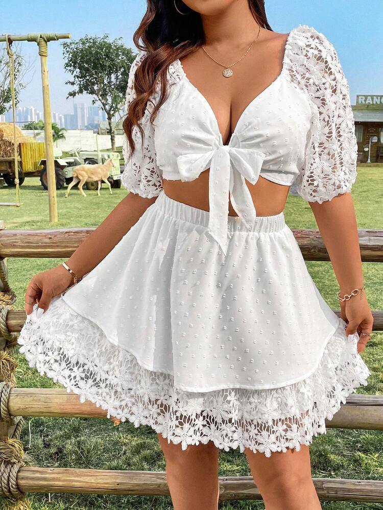 Plus Size Lace Raglan Sleeve Tie Front Jacquard Cropped Top And Skirt Set