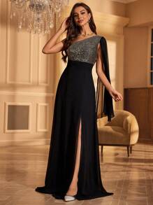 Đầm dự tiệc tay loe cổ bẻ đính sequin cho nữ Đầm dự tiệc cưới Đầm trang trọng Đầm dạ hội, Váy - màu đen - Xem 4