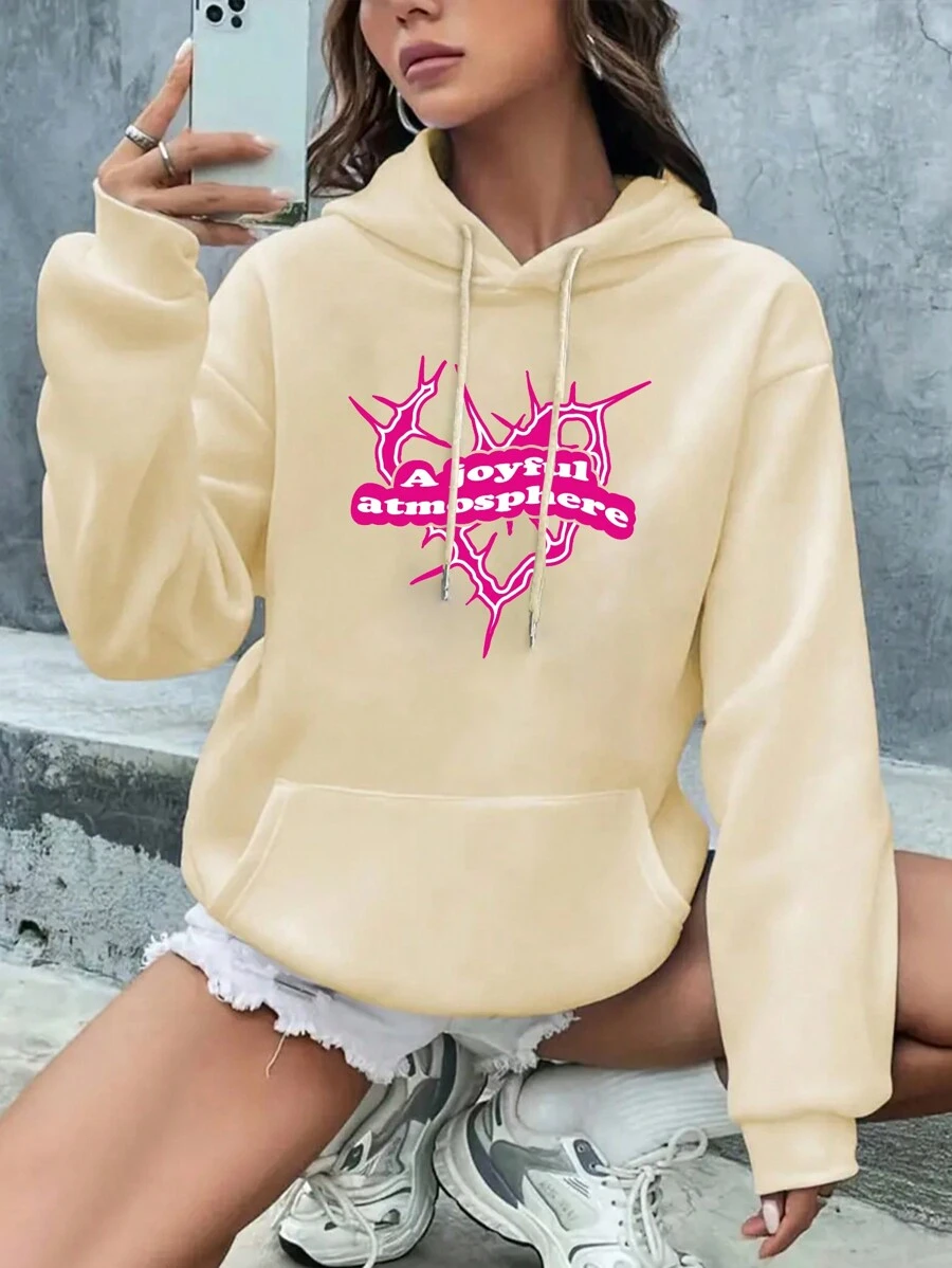 SHEIN EZwear Women'S Hooded Sweatshirt With Letter & Heart Print - Apricot - View 1