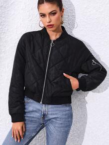 SHEIN Unity Women's Solid Color Bomber Collar Cropped Padded Padded Coat Clothes Winter - Black - View 1