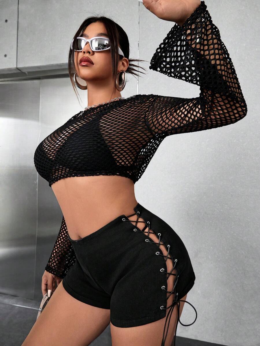 SHEIN ICON 女款大尺碼網眼繫帶牛仔短褲 - 黑色 - 查看 1