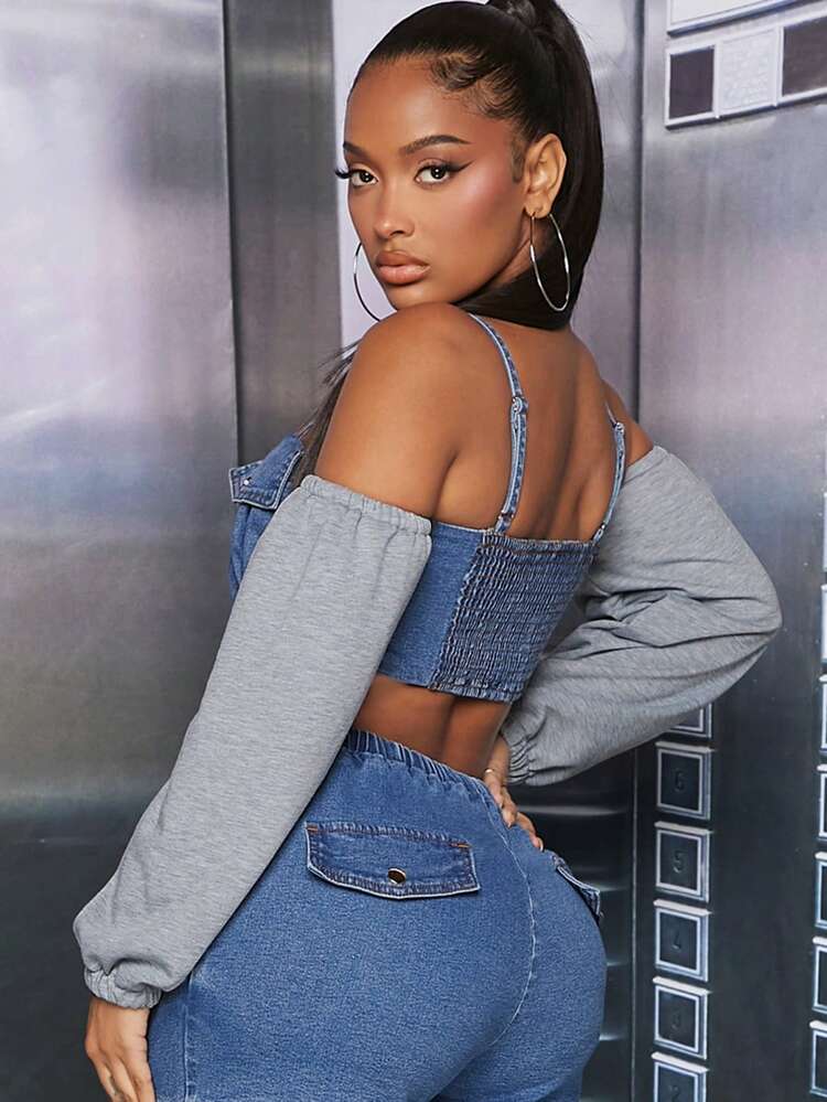 Fashion Color Block Splice Super Short Strap Denim Top