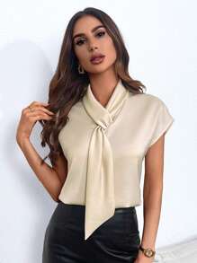 EMERY ROSE Màu thuần Buộc Vòng cổ Áo sơ mi - Màu be - Xem 6