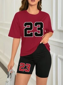 时尚百搭数码印花宽松袖T恤和骑行短裤套装，休闲夏季 - 酒紅色 - 查看 3