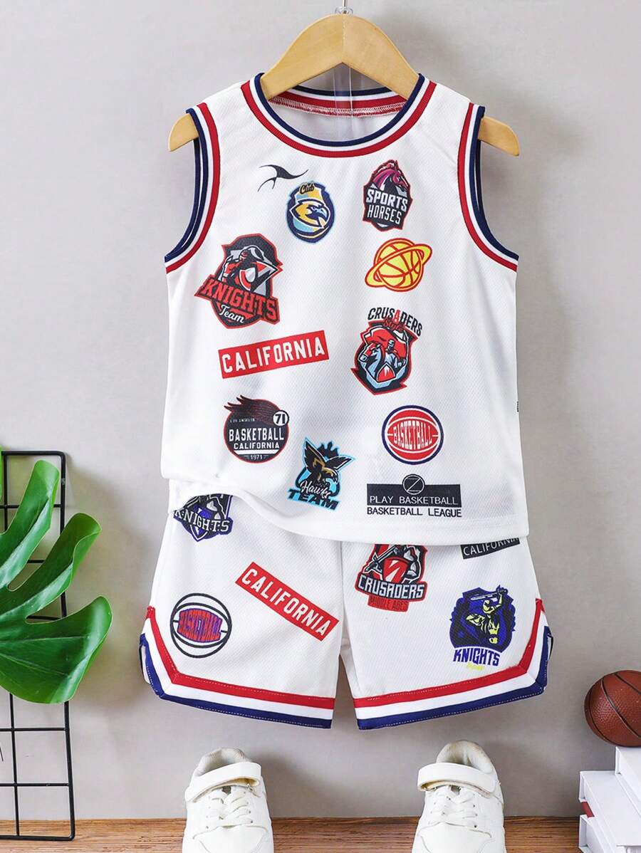 SHEIN Young Boy Letter Print Tank Top And Shorts Two Pieces Set, School, Campus, College