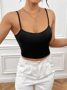 SHEIN Privé Màu thuần Không lưng Dây đeo Áo ba lỗ Áo - màu đen - Xem 3