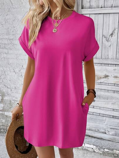 INAWLY Loose Solid Color Round Neck Batwing Sleeve Dress