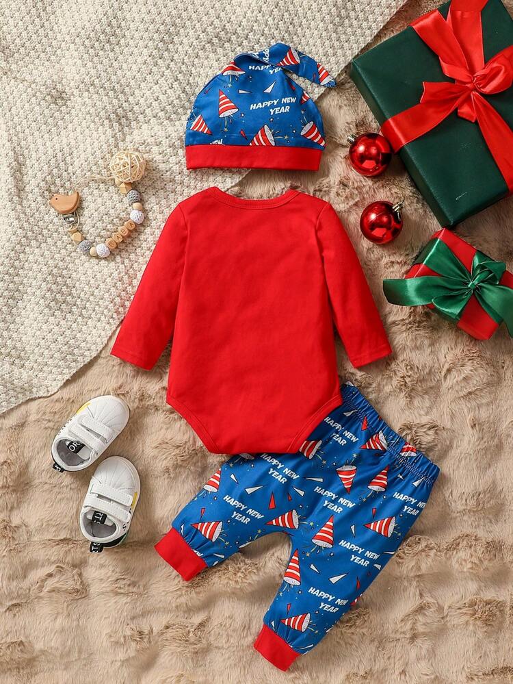 Christmas Carnival Party Baby Boy Outfit, Cute & Funny Santa Claus Print Bodysuit With Snowflake Print Long Pants, Round-Necked, Casual And Fashionable, Autumn And Winter