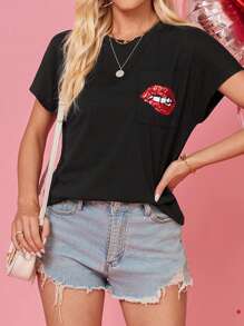 SHEIN LUNE Women's Lips Print Round Neck T-Shirt - Black - View 1