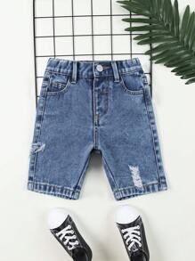 Young Boys' Elastic Waist Ripped Denim Shorts - Medium Wash - View 1