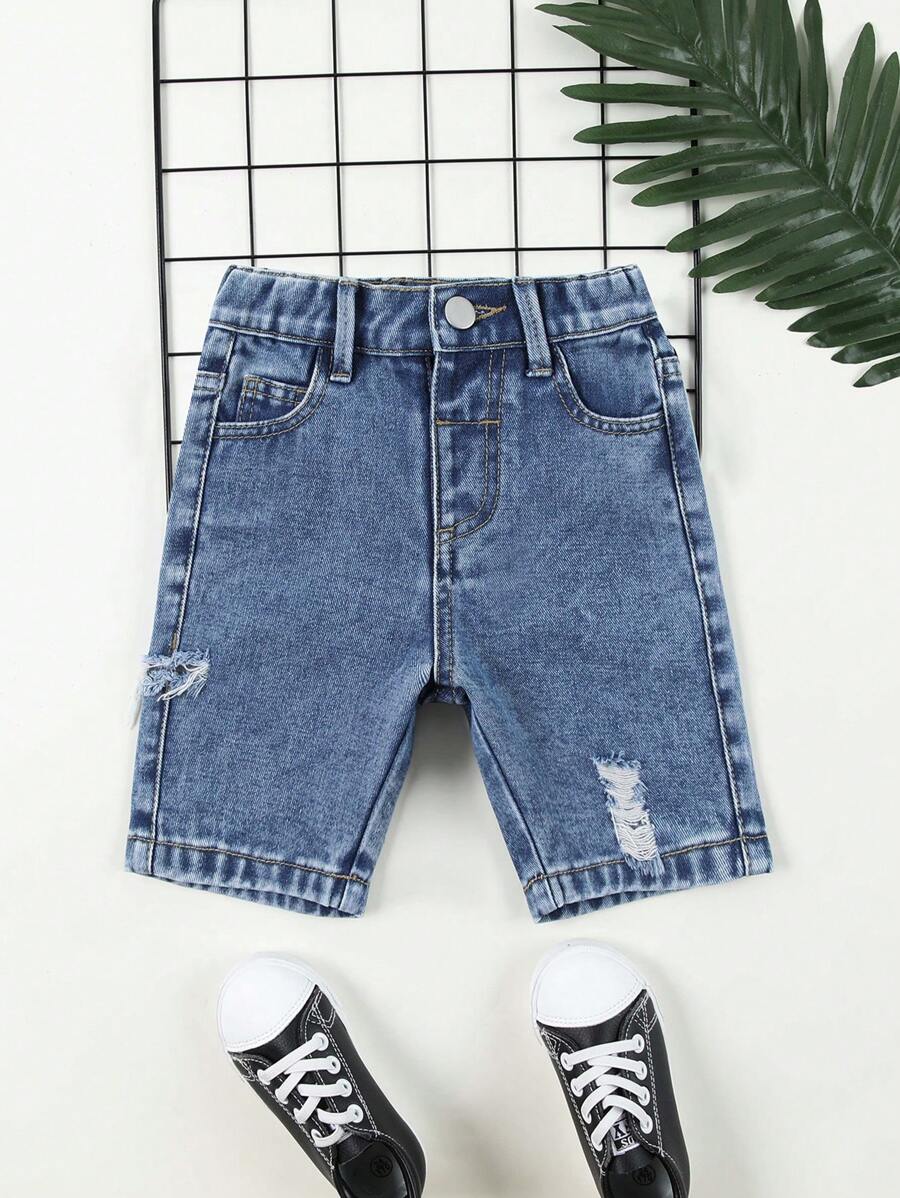 Young Boys' Elastic Waist Ripped Denim Shorts - Medium Wash - View 1