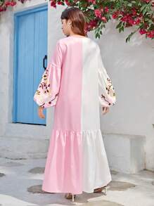 SHEIN Vestido Largo Tejido Para Niña Adolescente Con Estampado De Flores En Bloques De Color Y Mangas Tipo Farol - Multicolor - Ver 2