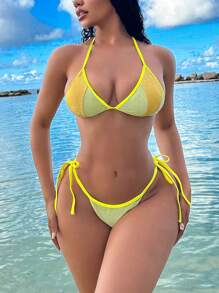 SHEIN Swim Women'S Color Block Knotted Halter Bikini Set Summer - Yellow - View 3