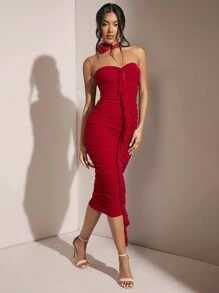 SHEIN BAE 紅色情人節拉皺無肩帶中長禮服，褶邊裝飾和緞帶裝飾，非常適合浪漫約會 - 紅色 - 查看 3