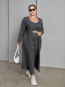 SHEIN Essnce Top Cây trồng , Eo cao Quần , Và Dài tay áo 3 miếng Bộ - Màu xám đen - Xem 5