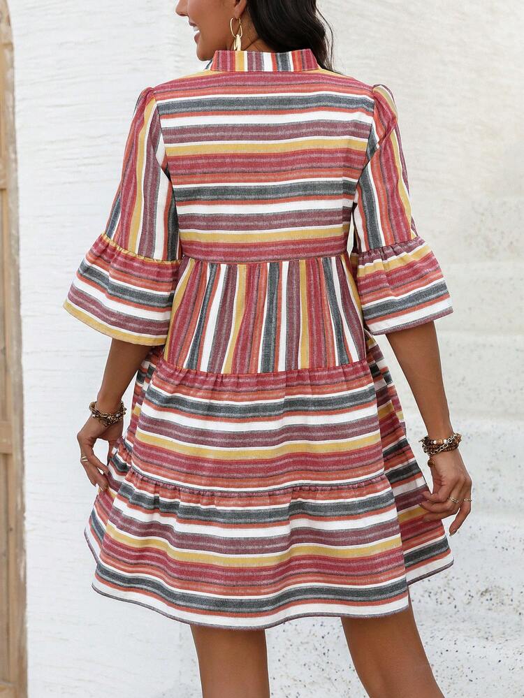 Colorful Striped Notched Collar Bell Sleeve Dress