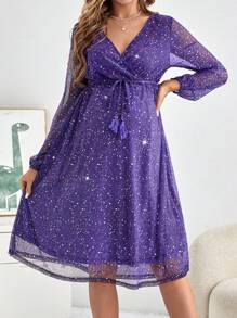 SHEIN 孕婦v領拉繩腰身連衣裙 - 紫色 - 查看 5