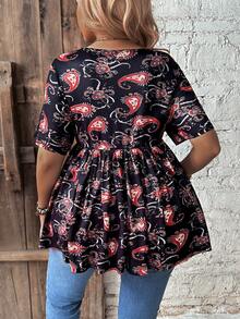 SHEIN LUNE 大尺碼女用佩斯利印花拼接襯衫 - 黑色 - 查看 2