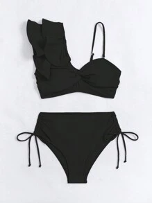 SHEIN Swim Summer Beach Ruffled Edges & Knot Decor Two-Piece Bikini Swimwear Carnival - Black - View 4