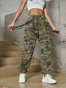 时尚宽松多口袋抽绳迷彩工装裤 - 軍綠色 - 查看 5