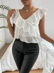 SHEIN Privé White Elegant Women'S V-Neck Camisole Top With Ruffled Hem