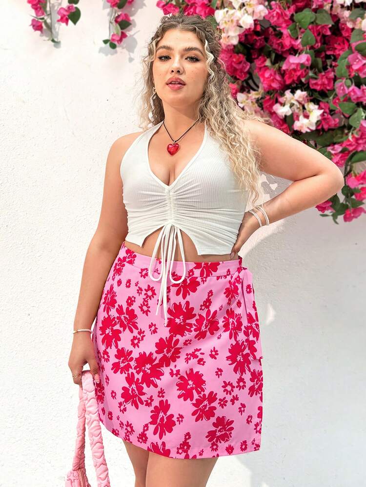 Plus Size Solid Color Drawstring Halter Top & Flower Print Skirt Two Piece Set