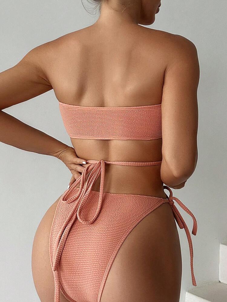 Women's Cutout Bandeau Top And Knotted Side Briefs Bikini Set Music Festival Summer